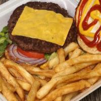 Cheese Burger Combo · 1/2 lb Pattie, Mayo, ketchup, mustered, lettuce, tomato, onions - - Served with fries and a ...