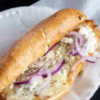 Greek Chicken Sandwich · Grilled chicken topped with feta or mozzarella cheese, red onion and extra virgin olive oil.