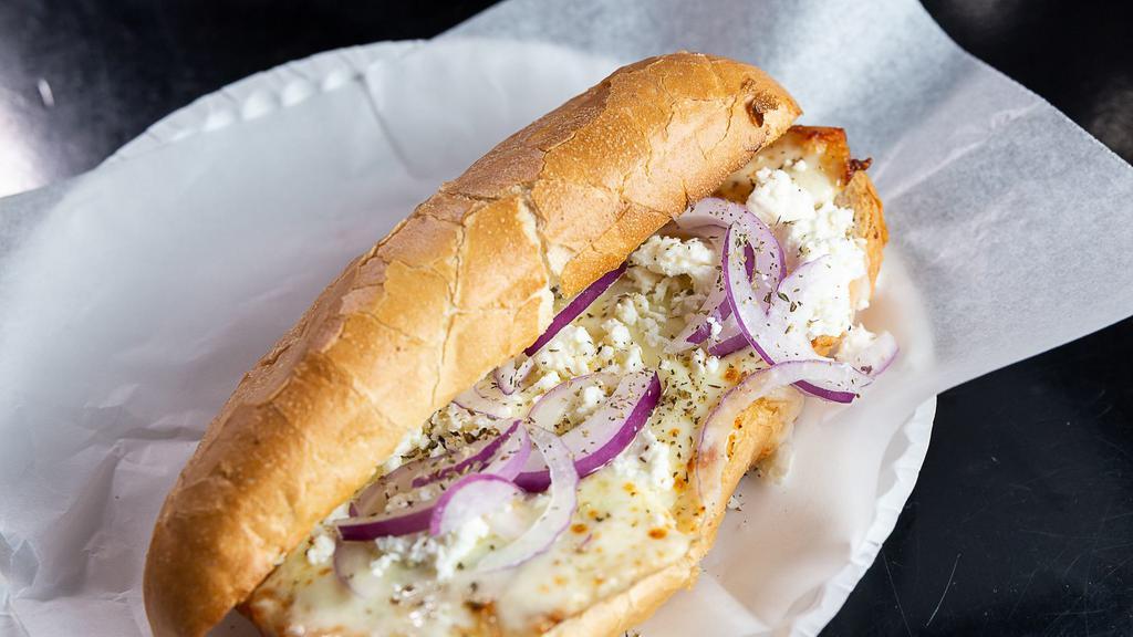 Greek Chicken Sandwich · Grilled chicken topped with feta or mozzarella cheese, red onion and extra virgin olive oil.