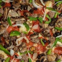 Supreme · Mozzarella Cheese, sausage, mushroom, onion, pepperoni, black olive, green pepper