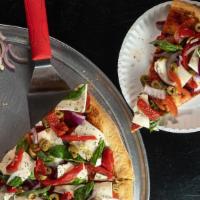 Caprese · Tomatoes, basil, red onions, green olives, garlic, sweet red peppers & fresh mozzarella.