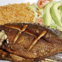 Mojarra Frita · Whole tilapia fried and baked, served with rice, guacamole, salad and tortillas