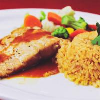 Salmon · Grilled salmon served with rice and vegetables