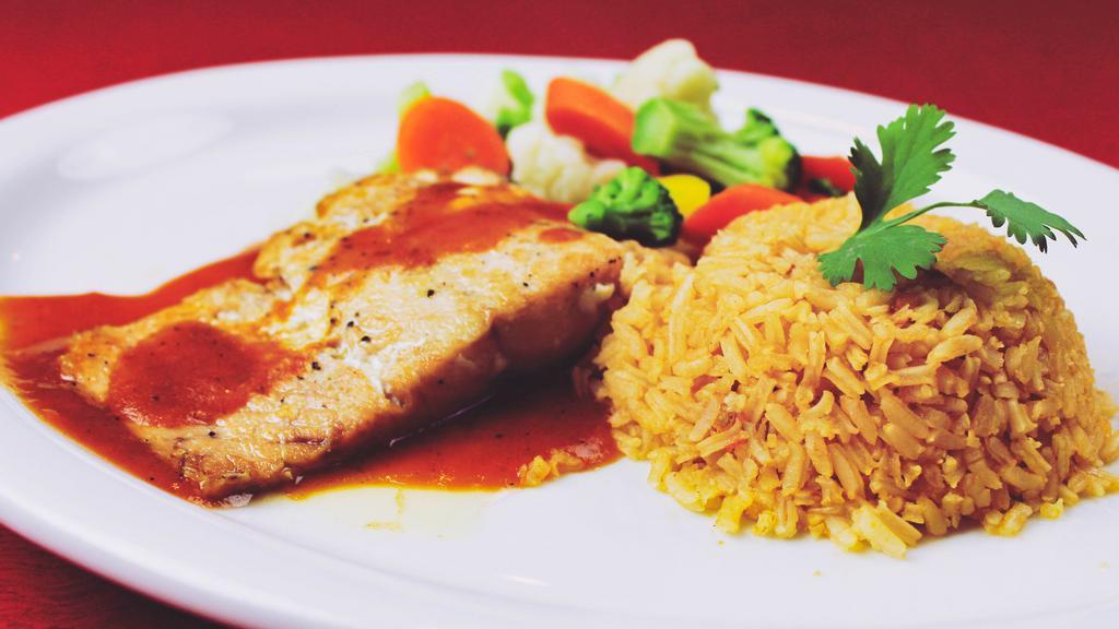 Salmon · Grilled salmon served with rice and vegetables