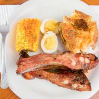 Bbq Rib Tip Dinner · Served with garlic potatoes, corn on the cob, and a boiled egg. Can upgrade either potatoes ...