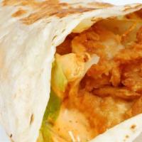 Fried Chicken Tender Wrap · Crispy, Tender fried chicken  with lettuce  tucked into wrap