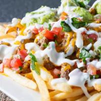 Asada Fries · French Fries topped with shredded cheese, Asada (Beef), Pico D Gallo, onion, cilantro, guaca...