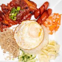 Rice Combo Platter · Grilled pork, shredded pork, sausage, and a fried egg.
