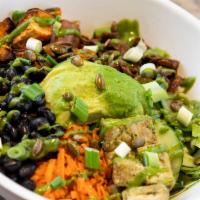 Vegan Bowl  · Brown rice, spinach, cilantro tofu, sweet potatoes, paprika mushrooms, black beans, carrots,...