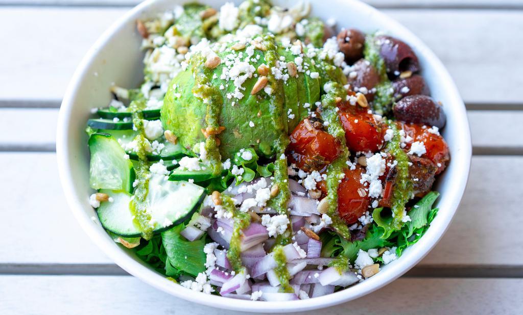 Mediterranean Salad · Mixed greens, cilantro lime chicken, olives, cucumber, red onions, cherry tomatoes, chickpeas, feta cheese & sliced avocado - topped with balsamic vinaigrette
