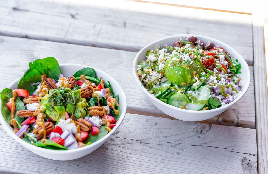 Create A Bowl · Personalize your own and select up to 2 bases, avocado style, 4 signature toppings and dressing
