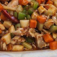 Kung Bao Chicken · Chicken diced stir fry with peanuts, celery and diced bamboo in  mild garlic brown sauce .  ...