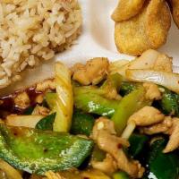 Jalapeno Chicken · chicken stir fry with celery ,onion and jalapeño in brown sauce