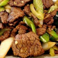 Jalapeno Beef · Tender sliced beef sautéed with slices of tiny pieces of jalapeño celery and onions
