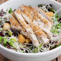 Chicken Caesar Salad · Organic spring & romaine mix, croutons & parmesan cheese, tossed in Caesar dressing & topped...