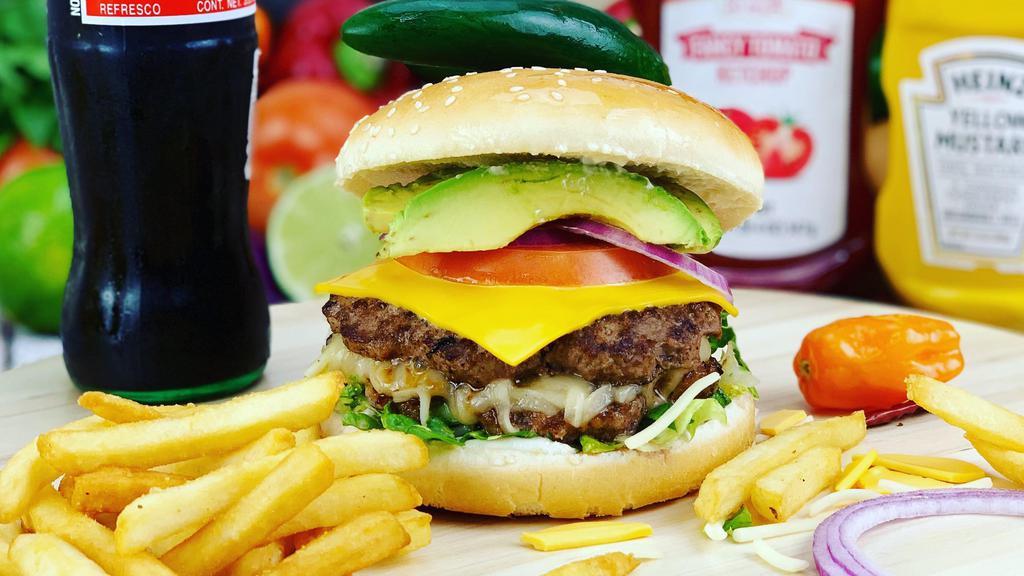 Mexican Burger · Ground meat 8 oz. American cheese, Monterey Jack, lettuce, tomato, onion, avocado, jalapeno, mayonnaise, and French fries 5 oz.