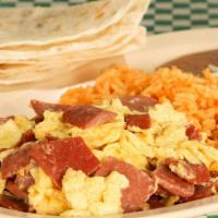 Platillo Breakfast · Eggs, rice, refried beans and Tortilla.