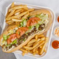 Philly Steak Sandwich · Grill Onions, Grill green peppers, Grill mushroom. lettuce, tomatoes, mayonnaise, and cheese...