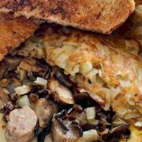 Combo No.6 – The Minnesotan · Three farm fresh eggs, wild rice, sausage, onions, fresh mushrooms and Swiss cheese. Wow! Wh...