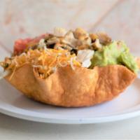 Taco Salad · Fried flour tortilla filled with beans, cheese, lettuce, pico de gallo, sour cream, guacamol...