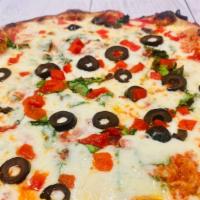 Fresco · Coal fired pizza sauce, mozzarella, black olives, spinach, roasted red pepper.