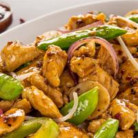 Kung Pao Bowl · Your choice of protein with yellow onions, green bell peppers, pea pods, water chestnuts, an...