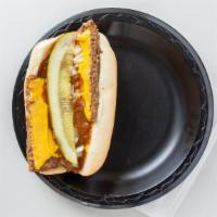 Coney-Style Hamburger With Cheese · A quarter-pound beef patty sliced in half in a hot dog bun with American cheese, chili, must...