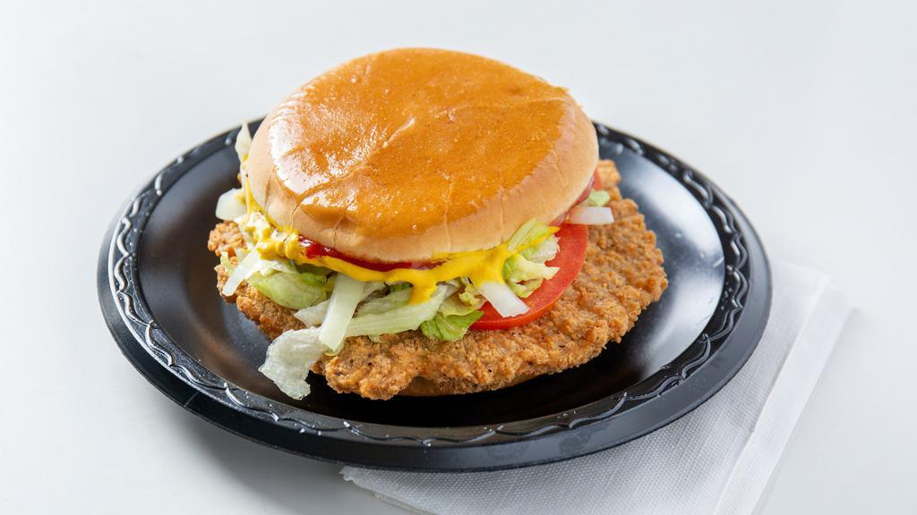 Pork Tenderloin Sandwich With Cheese · Breaded and fried tenderloin on a toasted bun topped with American cheese, ketchup, mustard, pickle, onion, lettuce, and tomato. Get any sandwich in a basket, includes fries, onion rings, and coleslaw.