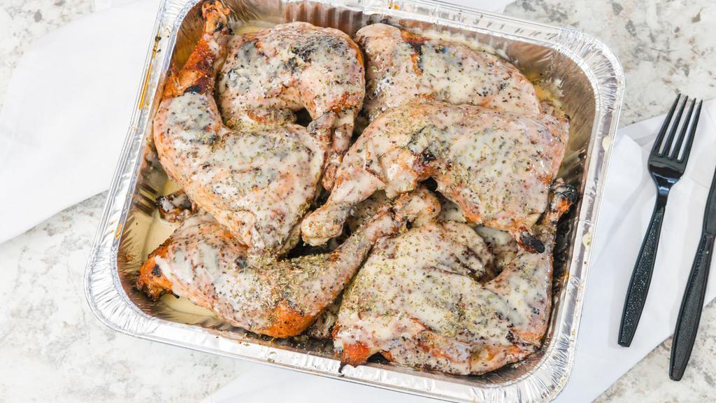 🇬🇷 Dark Meat Only ➤ ½ Grecian® Chicken Dinner! ★★★★★ · Our FAMOUS Flame-Grilled Grecian Chicken! • 2 Legs • 2 Thighs • Lemon-Oregano Grecian Sauce • French Fries • Garlic Bread • Greek Salad! (4 Pieces)