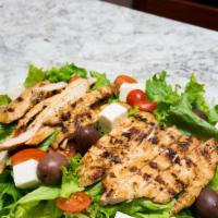 🇬🇷 Grilled Chicken Salad + Pita Bread! ★★★★★ · Sliced Flame-Grilled Chicken Breast • Romaine Lettuce • Tomatoes • Feta • Olives • Homemade ...
