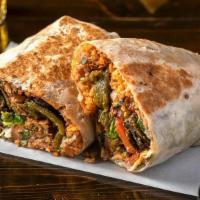 Poblano Burrito · Roasted poblano peppers, rice, refried beans, Chihuahua cheese, onion, cilantro, lettuce, to...