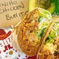 Ancho Chicken Burrito · Seasoned chicken, Chihuahua cheese, fresh cilantro & onion, sour cream, Mexican rice, refrie...