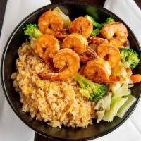 Shrimp Grill Bowl · Served with mixed vegetables and a choice of steamed rice and brown rice or fried rice.