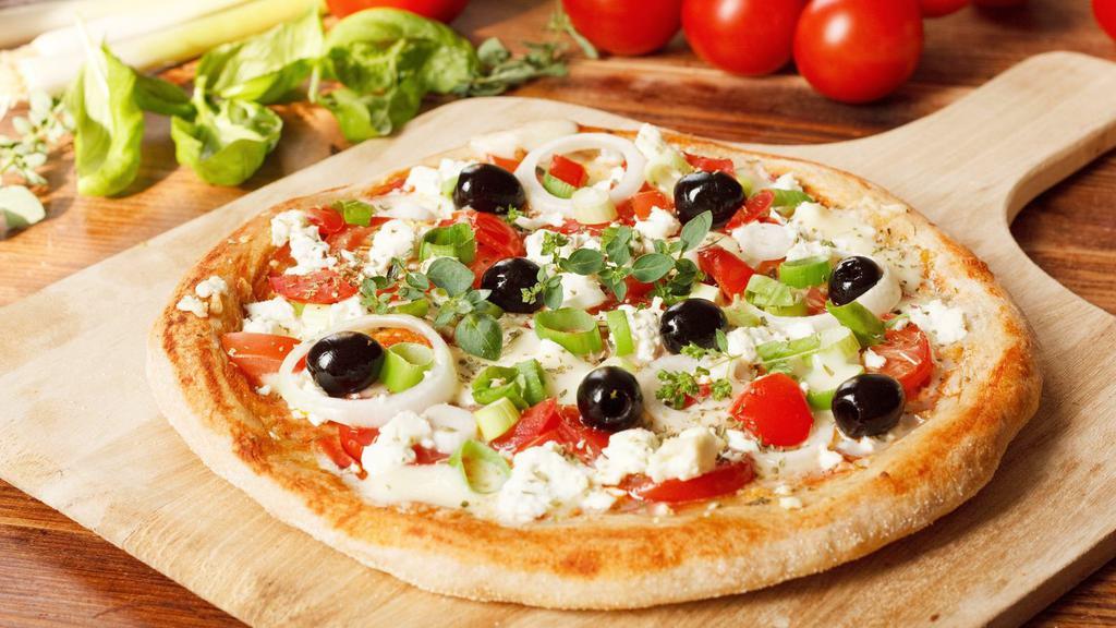 Greek Pizza · Delicious Pizza topped with Gyro meat, onions, kalamata olives, topped with feta cheese.