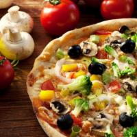 Veggie Lover'S Pizza · Delicious Pizza topped with Mushrooms, olives, onions, green peppers, tomatoes and extra che...