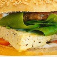 Rubys Bagel Sandwich · Locally made Rubys sesame seed bagel, grilled tofu steak, Impossible sausage, Violife cheese...