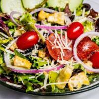 Degidio House Salad · Italian vinaigrette tossed with mixed greens, tear-drop tomatoes, black olives, cucumbers, P...