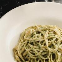 Pesto Pasta · Fettuccine pasta tossed with a creamy pesto sauce