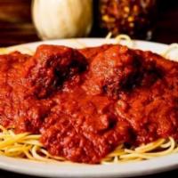 Spaghetti & Meatballs · Spaghetti with our classic tomato sauce and two meatballs