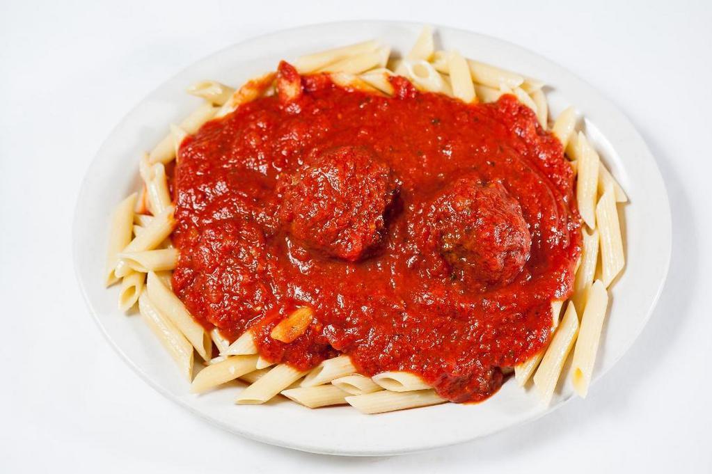 Mostaccioli & Meatballs · Mostaccioli with our classic tomato sauce and two meatballs