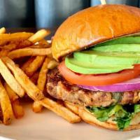 Spicy Bean Burger · Made in house not processed, spicy mayo, avocado, lettuce, tomato, onion, choice of side.