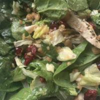 1/2 Cranberry Walnut Chicken Salad · Italian dressing, spinach, iceberg, romaine, grilled chicken, candied walnuts, cranberries, ...