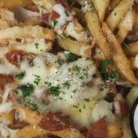 Loaded Fries · Parmesan french fries topped with bacon, pepperoni, and melted cheese. Served with ranch dre...
