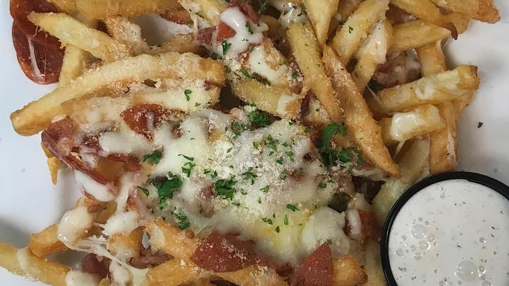 Loaded Fries · Parmesan french fries topped with bacon, pepperoni, and melted cheese. Served with ranch dressing.