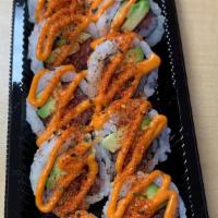 Dynamite Roll · Spicy (tuna or salmon or shrimp )and avocado topped with spicy mayo and chili seasoning powder