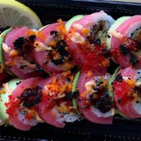 Sakura Roll ( Raw) · Shrimp tempura and avocado inside,
Topped with salmon or tuna (optional),
Spicy mayo , eel s...