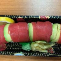 Red Carpet (Raw Fish) · Crab stick, cucumber, avocado with slices tuna on top.