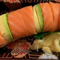 Orange Tango (Raw Fish) · Crab stick, cucumber, avocado with slices salmon on top.