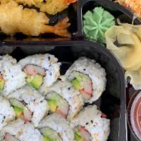 Bento Box #1 · California roll, crab salad & two tempura shrimp or three dumplings.