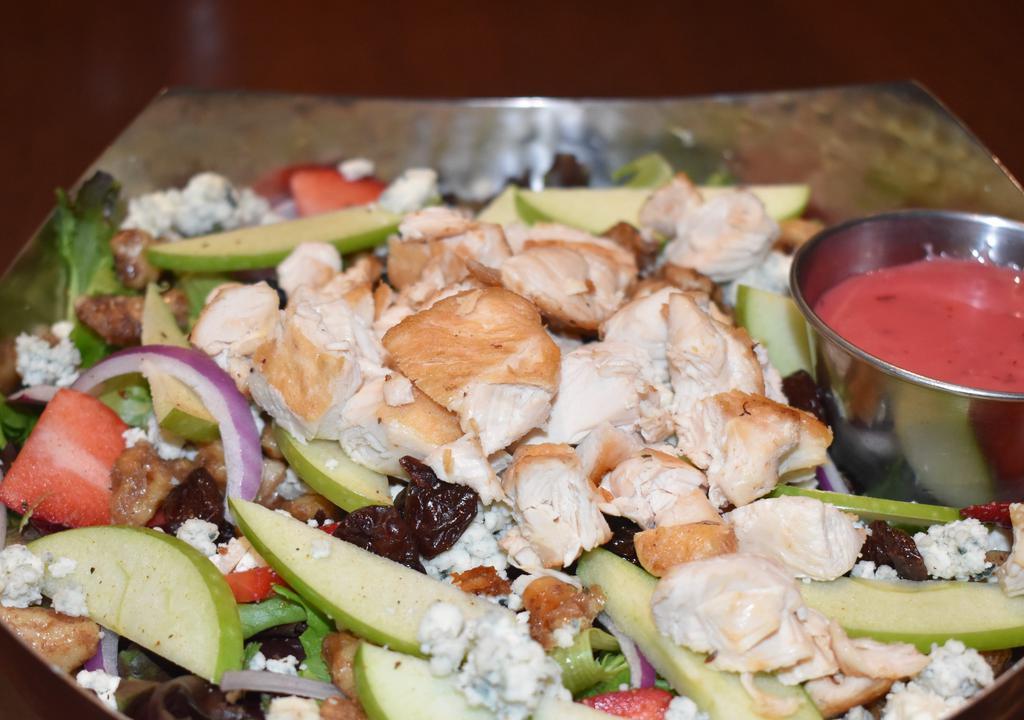 Michigan Cherry Chicken Salad · Spring mix, bleu cheese crumbles, strawberries, walnuts, sliced apples, red onion, dried cherries and grilled chicken. Served with raspberry walnut vinaigrette dressing.